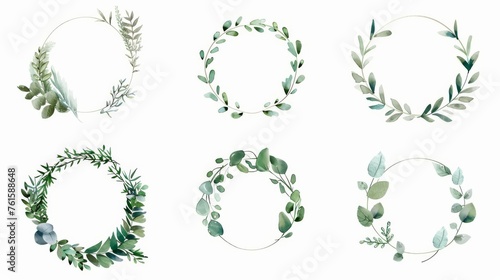 Modern watercolor frame set of flowers, leaves and grass, isolated on white. Sketched wreath and herb garland with greenery color. Handdrawn Modern Watercolour style. photo