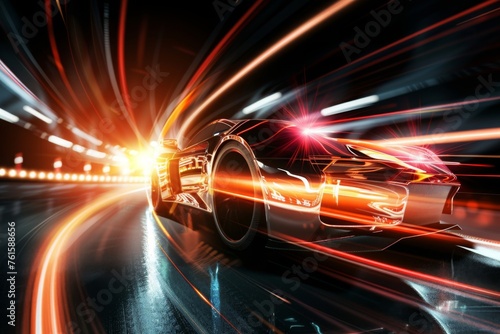Futuristic Sports Car On Neon Highway. Powerful acceleration of a supercar on a night track with colorful lights and trails. High speed business and technology concept