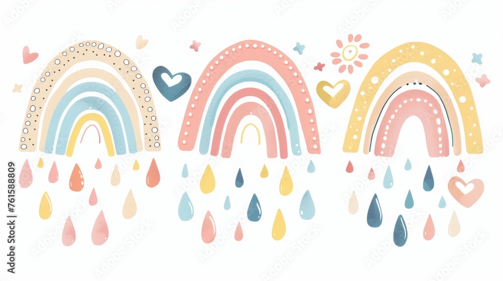 An adorable modern pastel rainbow set isolated on white background with a heart and drops An adorable modern pastel rainbow set isolated on white background with a heart and drops