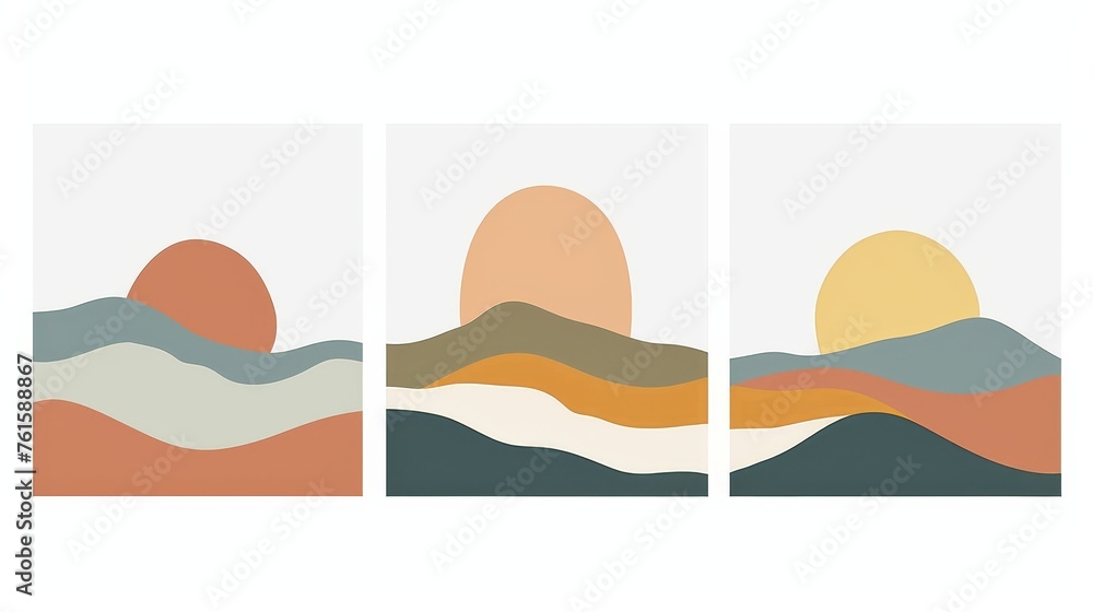 Contemporary abstract aesthetic backgrounds landscapes with sunrise, sunset, and night. Earth tones, pastel colors. Boho wall decor. Modern minimalist art prints in flat layouts.
