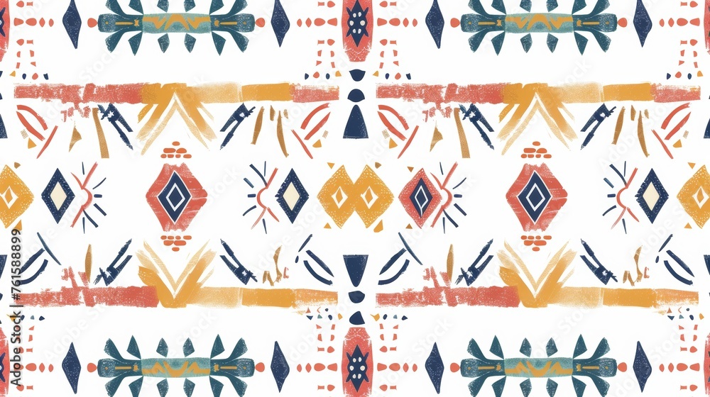 An arty boho seamless pattern with a geometric ethnic print on a colorful repeating background. Perfect for fabric, cloth designs, wallpapers, or wrappings. - obrazy, fototapety, plakaty 