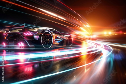 Futuristic Sports Car On Neon Highway. Powerful acceleration of a supercar on a night track with colorful lights and trails. High speed business and technology concept