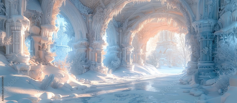 Frozen Fantasy Palace: Intricate Ice Carvings Bask in Soft Sunlight - obrazy, fototapety, plakaty 