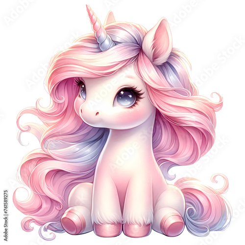 Cute pink unicorn Watercolor clipart. 