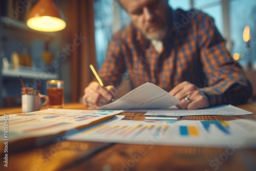 A businessman processes information in printed documents, analyzes financial information based on the results of trading on the securities market, blurred background, low angle shooting photo