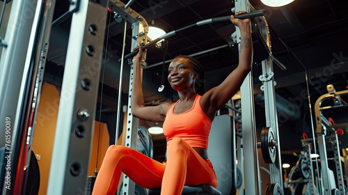 Elderly smiling black woman exercising in gym with Exercise machine, African-American senior lady working out, promoting an active lifestyle and engagement in sports, AI generated