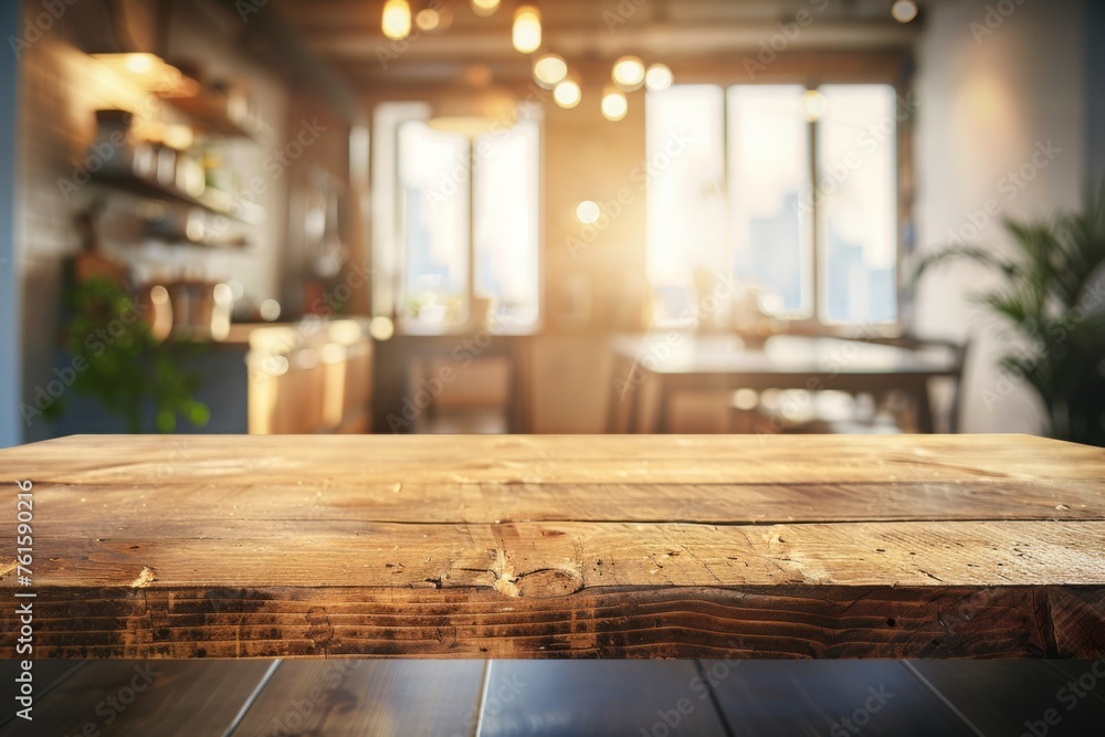 Selective focus on wooden kitchen island. empty dining table with copy space for display products. clean countertop for cooking healthy food against blurred furniture