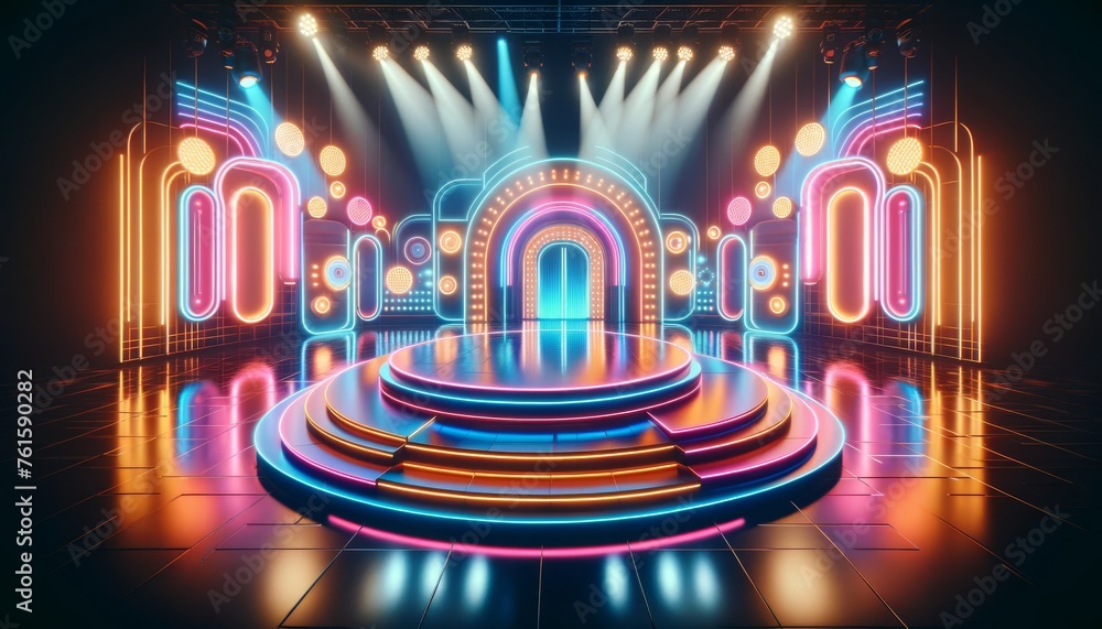 Game show stage shines with neon lights, colorful spotlights, and glowing pillars. Colorful beams from ceiling truss make game show stage lively and vibrant. - obrazy, fototapety, plakaty 
