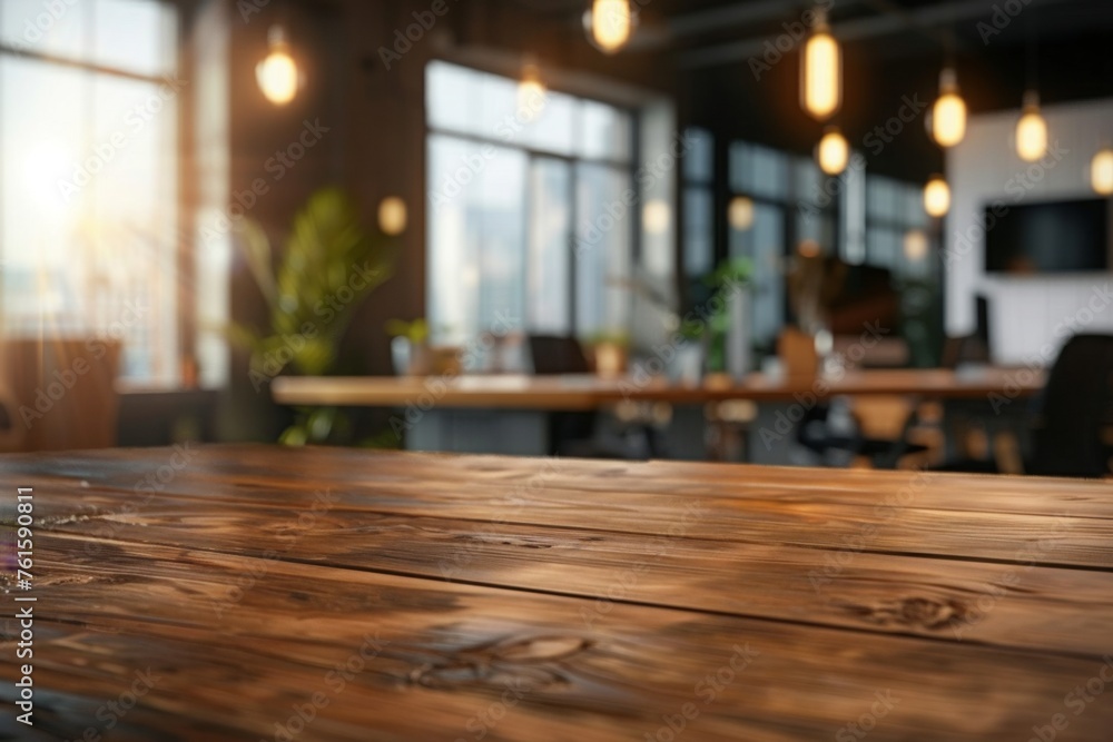 An empty wooden table top with a blurred modern office space background, featuring glass walls and a bright, airy atmosphere, suitable for product display or as a clean, minimalist workspace setting. 