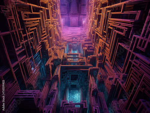 Crystal labyrinth, shimmering pathways, intricate designs, reflecting the endless darkness of a rogue planet, a world untouched 3D Render, Backlights, Chromatic Aberration
