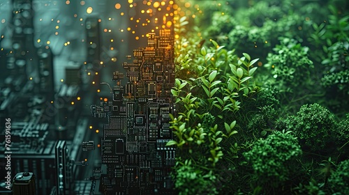 computer circuit board or motherboard on one half of image versus nature and green plants on another one, nature and technology confrontation concept, AI generated photo