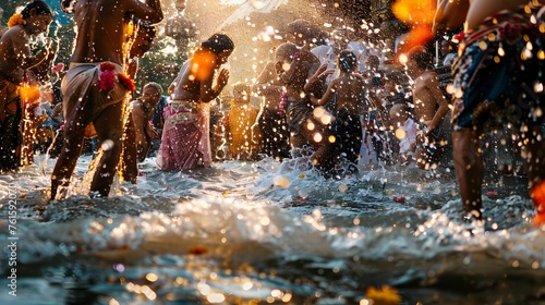 Joyful children engage in water play during a festive outdoor event, splashing and laughing