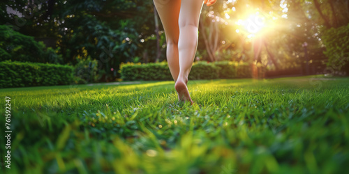 A young girl steps barefoot on the verdant green grass outdoors, closeup shot.