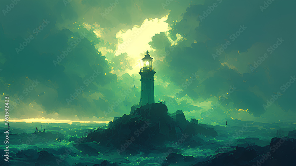 the lighthouse shines through the stormy sea