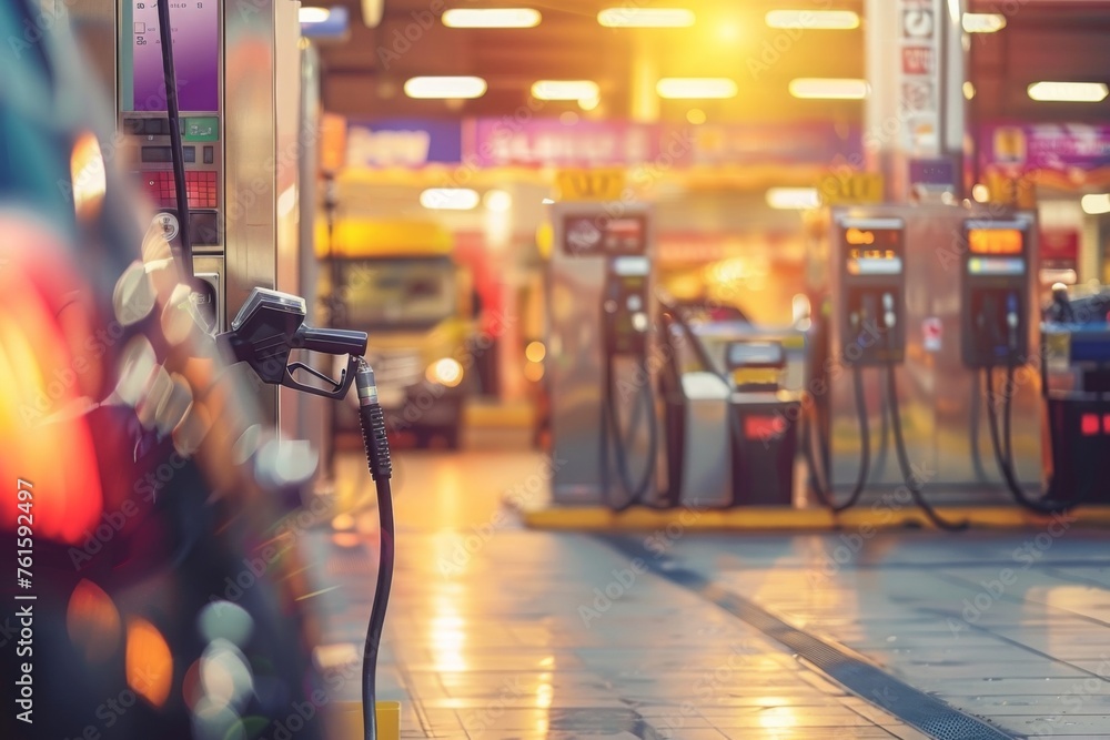 A customer filling up their car at a gas station. The background be blurred to draw attention to the fuel pump and the fueling process. - obrazy, fototapety, plakaty 