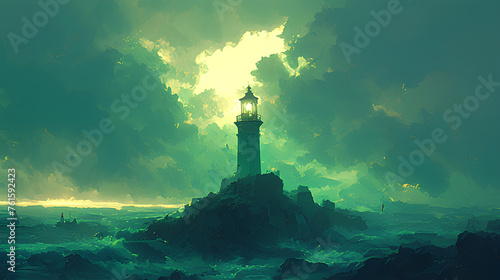 the lighthouse shines through the stormy sea