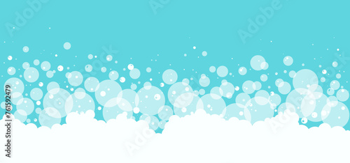 Cartoon blue bubble, white foam background, bath soap border, shower water pattern, laundry transparent suds icon. Abstract washing vector illustration