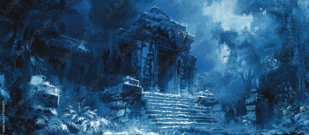 Frozen Mayan Temple in the Jungle: An Abandoned Nocturnal Landscape Shrouded in Mystery and Hoarfrost - obrazy, fototapety, plakaty 