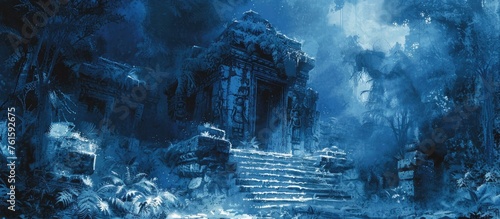 Frozen Mayan Temple in the Jungle: An Abandoned Nocturnal Landscape Shrouded in Mystery and Hoarfrost photo