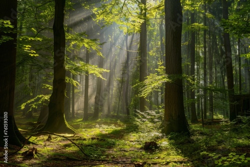 A forest with tall trees, sunlight shining through the leaves and creating rays of light on the ground, creating an enchanting atmosphere Generative AI