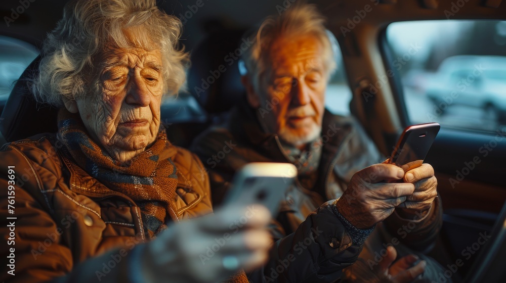 Grandmother on smart phone with grandsons in car
