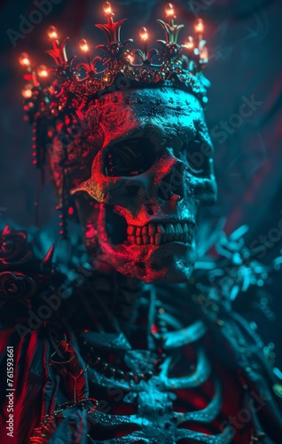  a skeleton in a crown, in the style of hyper-realistic sci-fi, dark cyan, vray tracing, neonpunk
