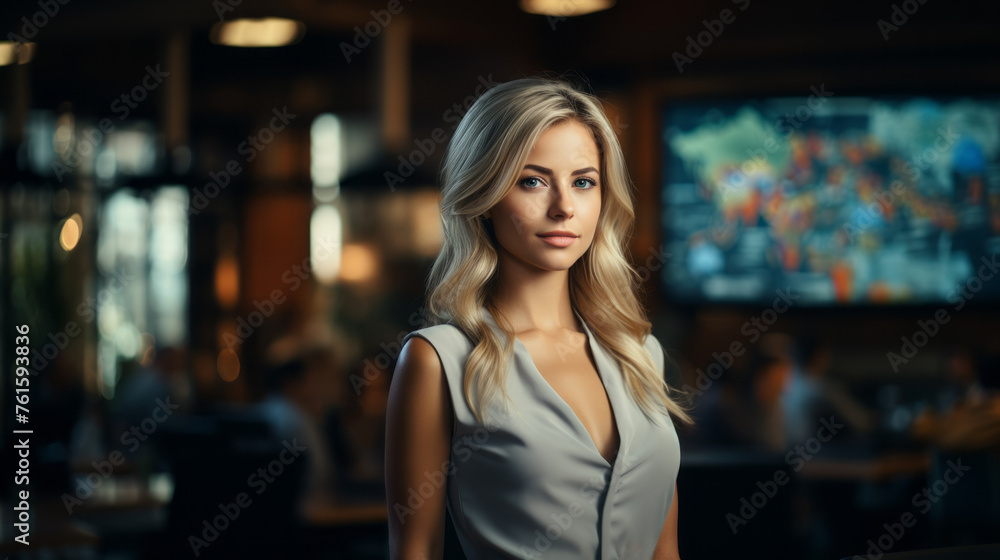 Portrait of a young caucasian Business Woman with long curved blond hair and a light grey blouse with a blurry background