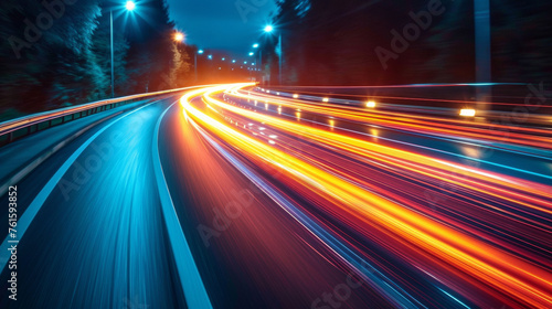 View of a night road with many car headlight right curved traces with extreme speed blur effect and streetlights and trees along the road
