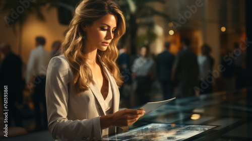 Young caucasian Business Woman with long hair and a beige jacket reading carefully a document with a blurry background photo