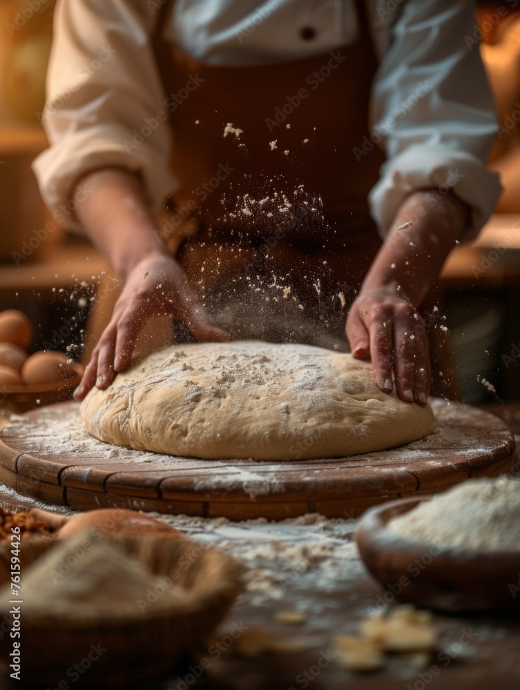 Two hands on fresh dough, flying flour, black background, baking scene, food photography