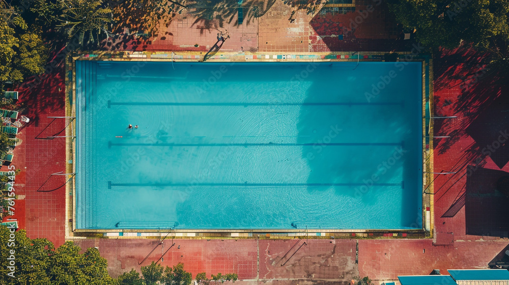 The view from above of an old swimming pool with clear blue water. There are chairs to relax and rest by the pool.
The view from above of an old swimming pool with clear blue water. There are chairs to relax and rest by the pool.