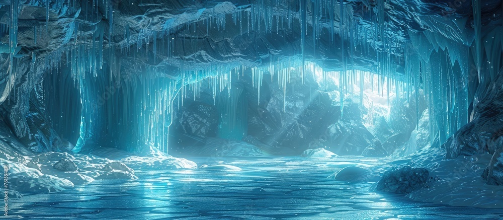 Ethereal Icy Cave: An Enchanting Glacial Winterscape Filled with Blue Ice and Icicles