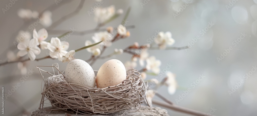 Ethereal Easter Nest. An image showcasing a minimalist Easter nest made of delicate twigs and adorned with a few carefully placed eggs. Abstract background. Decorated modern style card, banner.