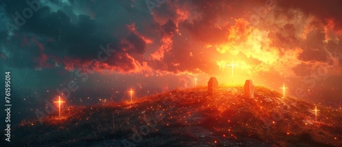 Abstract Glitter in Cave and Abstract Flare Effects in Sky Symbolizing Resurrection - Crosses On Hill And Empty Tombs With Bright Light At Sunset