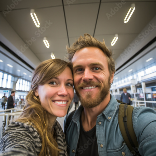 Travel concept. Couple with blond hair takes selfie at the airport terminal. Smiling and happy, they are waiting to leave for holiday. Lifestyle and vacation concept