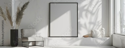 a female room exuding an airy, summery vibe, featuring light gray and black decorations, offering a clean and refreshing atmosphere with an empty, clean, and clear poster frame. photo