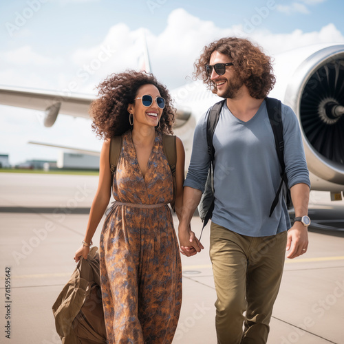 Couple of young adult tourist walking down the airplane to start vacation. Travel people lifestyle. Holiday journey trip on plane. © simona