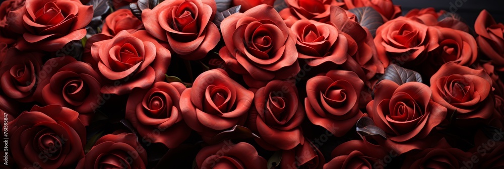 Close-up background of red roses with large buds, template greetings card banner For festive Valentine's day wishes and Women day, generative AI Close-up background of red roses with large buds, template greetings card banner For festive Valentine's day wishes and Women day, generative AI