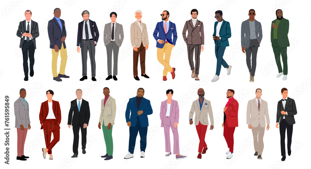 Set of Business men different races, ages and body types, walking and standing. Handsome male characters in formal suits, tuxedo. Multiracial business team. Business people vector collection.