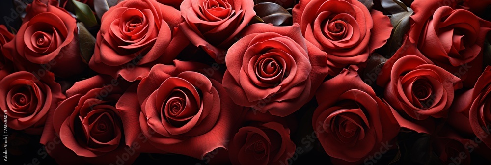 Close-up background of red roses with large buds, template greetings card banner For festive Valentine's day wishes and Women day, generative AI Close-up background of red roses with large buds, template greetings card banner For festive Valentine's day wishes and Women day, generative AI
