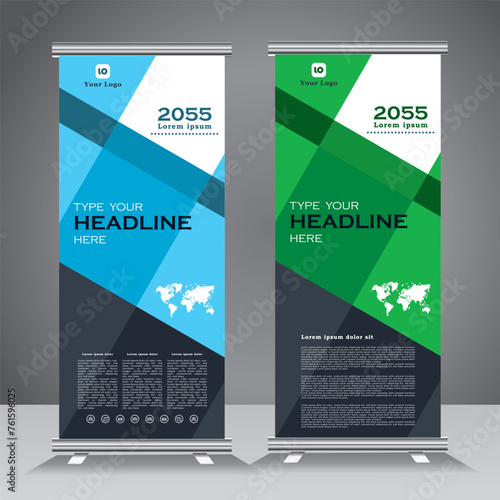 Roll up banner stand design with abstract geometric shape, green and blue standee design, vertical banner, x standee banner template. pull up banner, presentation and brochure flyer. vector,