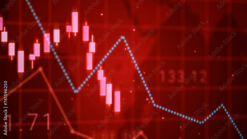 Falling digital business trend chart, market candlestick stock chart loss profit, negative crypto investment bearish price concept, blue finance technology failure crisis background 3d rendering