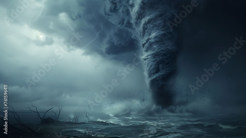 Dramatic and powerful storm over the ocean, tornado, weather, meteorology, global warming, climate change