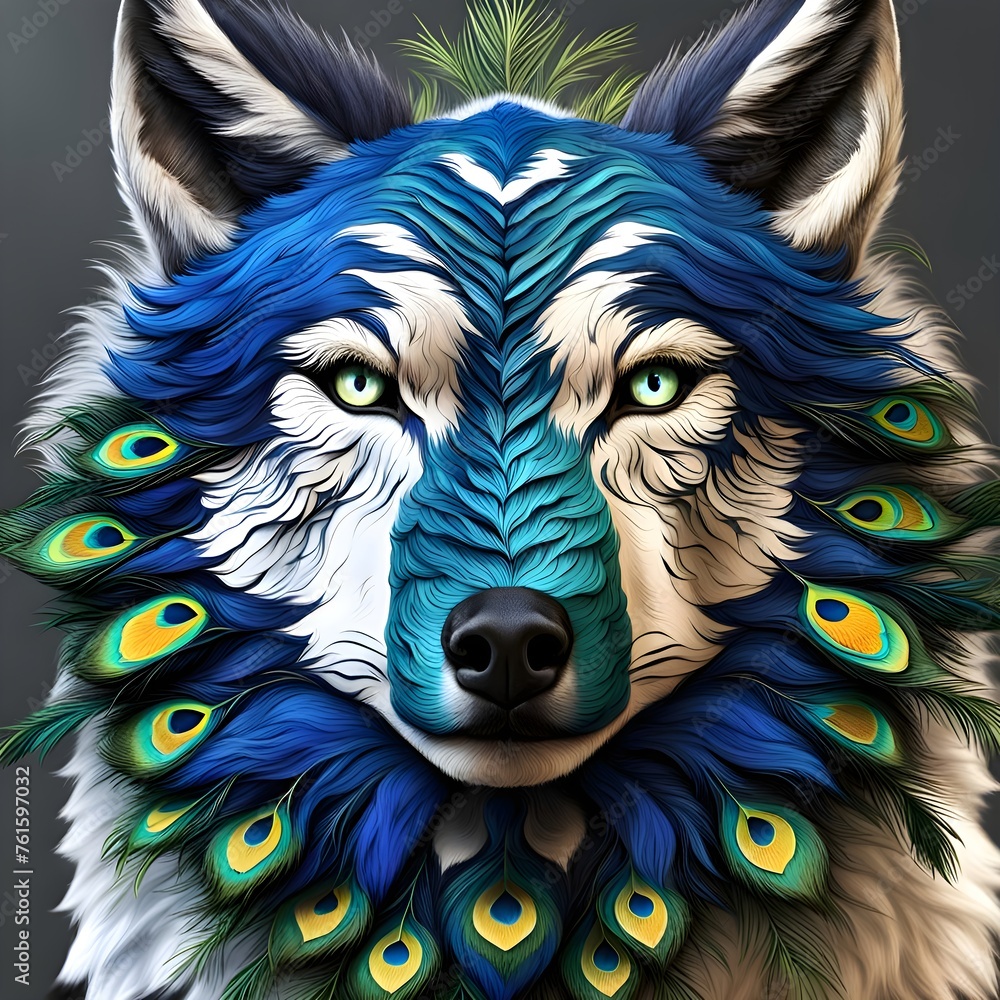 Portrait of a wolf with peacock feathers on his head. wolf peacock hybrid. Portrait of a wolf with peacock feathers on his head. wolf peacock hybrid.