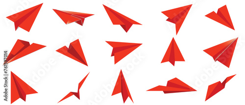 Realistic red paper planes collection. Handmade origami aircraft in flat style. Paper toy for a child. Business concept element, project startup and goal achievement. Vector illustration