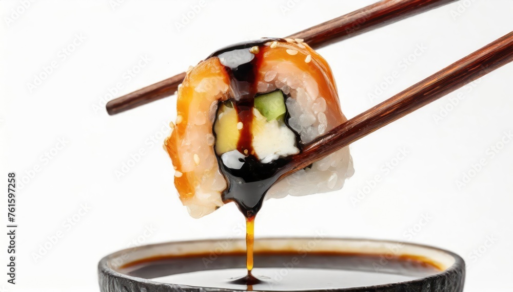 Drops of soy sauce dripping from a sushi roll sandwiched between two chopsticks wood colored Drops of soy sauce dripping from a sushi roll sandwiched between two chopsticks wood colored