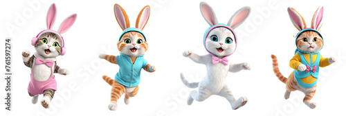 Cut-Out Set of Cute Cat Plush Wearing Easter Bunny Costumes: Happy, Jumping, Playing, Running. Isolated on Transparent or White Background. PNG.