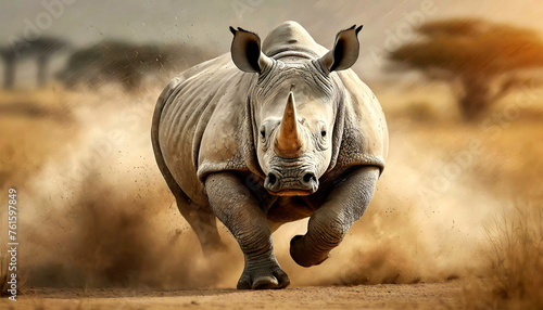 Action shot of a beautiful large white or grey rhino as he runs quickly through the savannah, raising the dust on the ground. Generative Ai.
