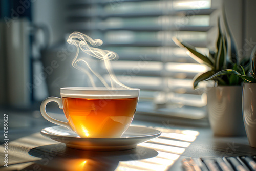 Tranquil Tea Cup with Rising Steam at Dawn.
