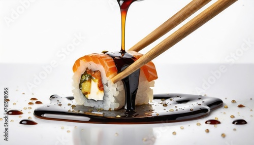 Drops of soy sauce dripping from a sushi roll sandwiched between two chopsticks wood colored